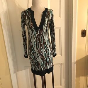 jully kang Black white blue & brown print dress M